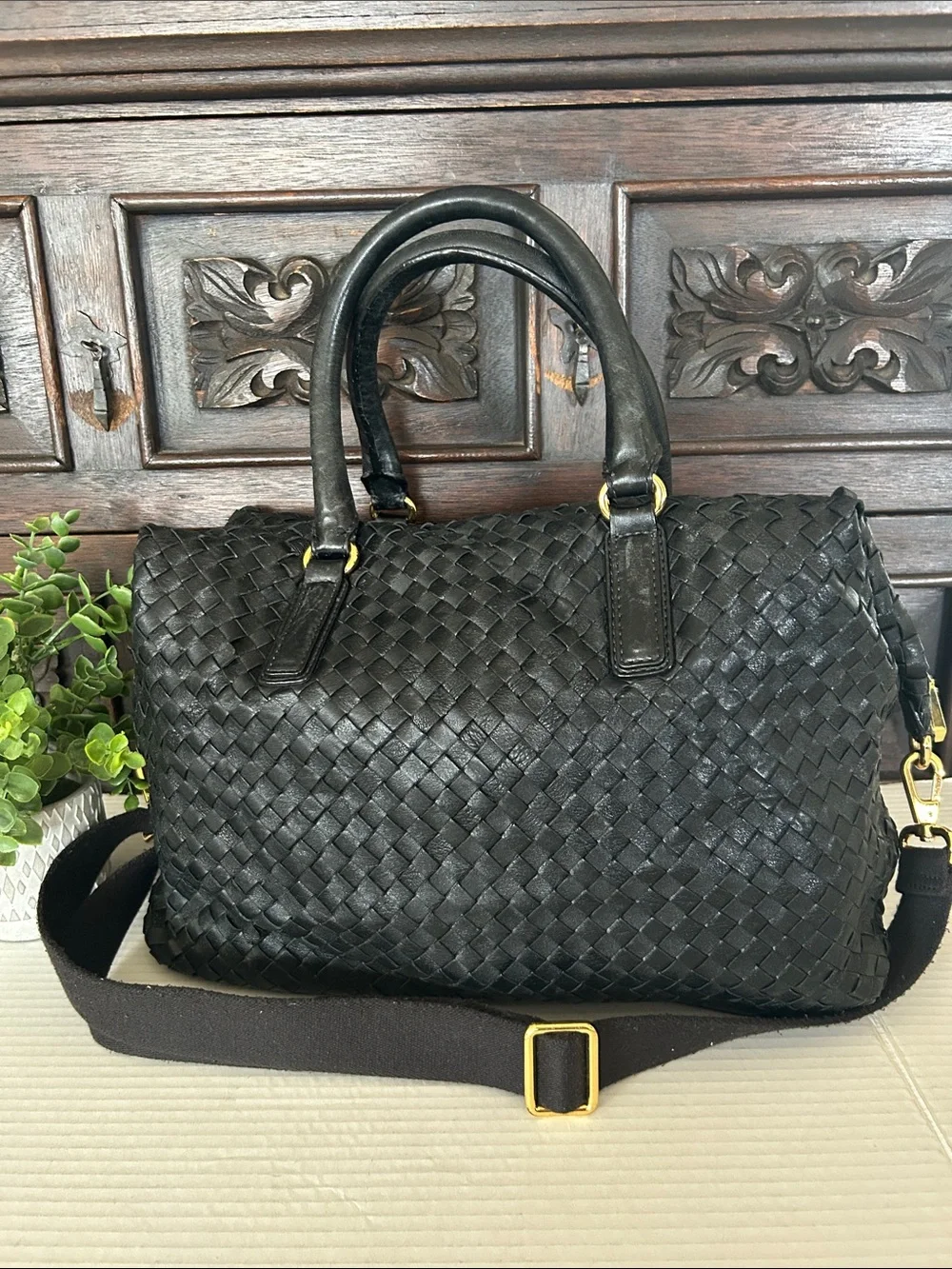 Christopher Kon Woven Leather Tote Bag with Detachable Strap - Black - Picture 1 of 15
